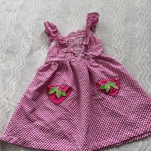 Girls Pink Checked Sheer Sucker Dress with Strawberry Pockets Ruffled Sleeves 4T